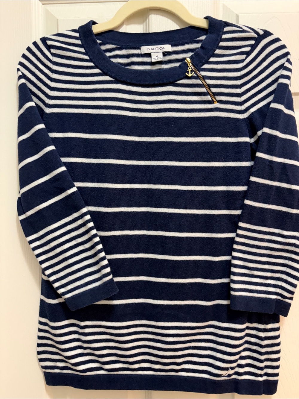 Nautica Navy & White Striped Knit Top with Anchor Zip Charm